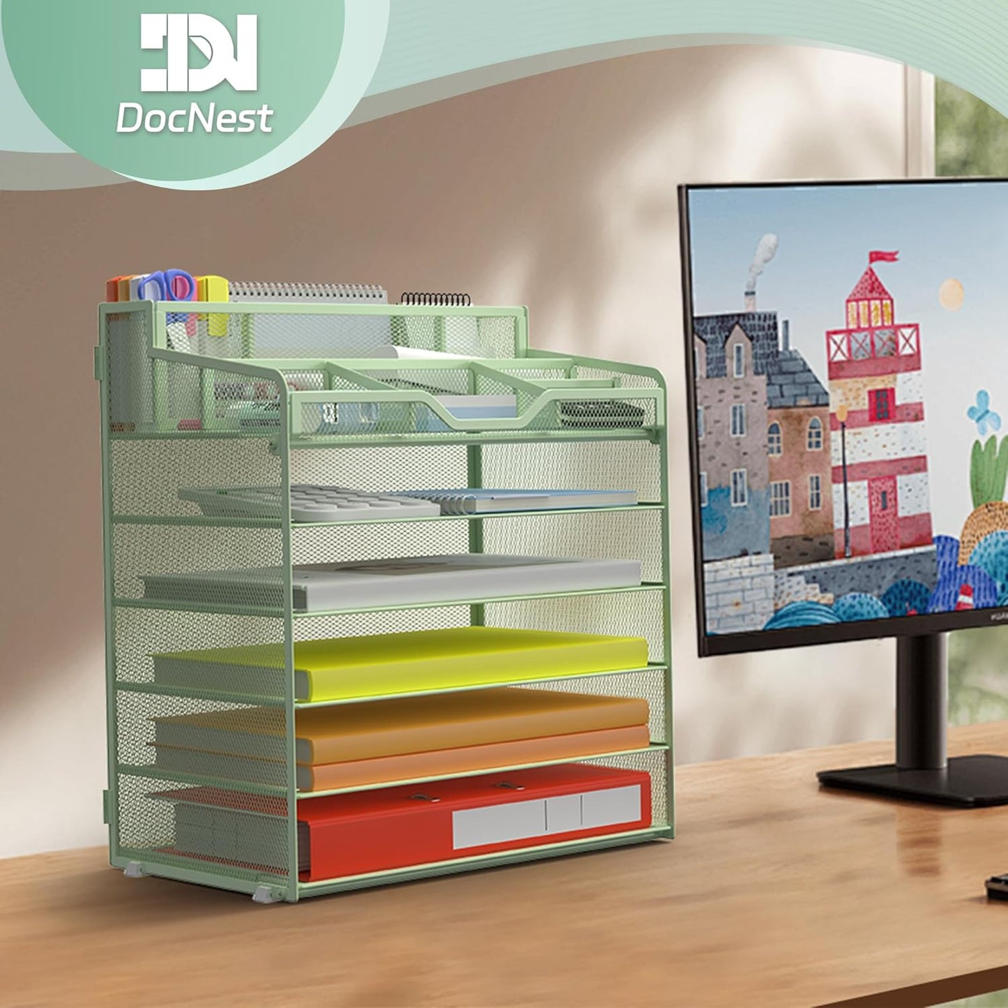 Docnest 6 Tier Mesh Desk Organizer for Paper Office Supplies – Multi-Functional Letter Tray with 5 Adjustable Compartments, 3 Pen Holders, Desktop Storage for Files, Mail, Stationery – Green