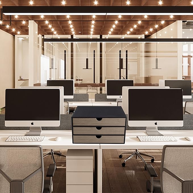 Fashion Multicolor Collocation Leather Desk Organizer File Cabinet Executive Office Supplies Desktop Filing A4 Contract Document Stackable Storage Box with 3 Drawers (Black)