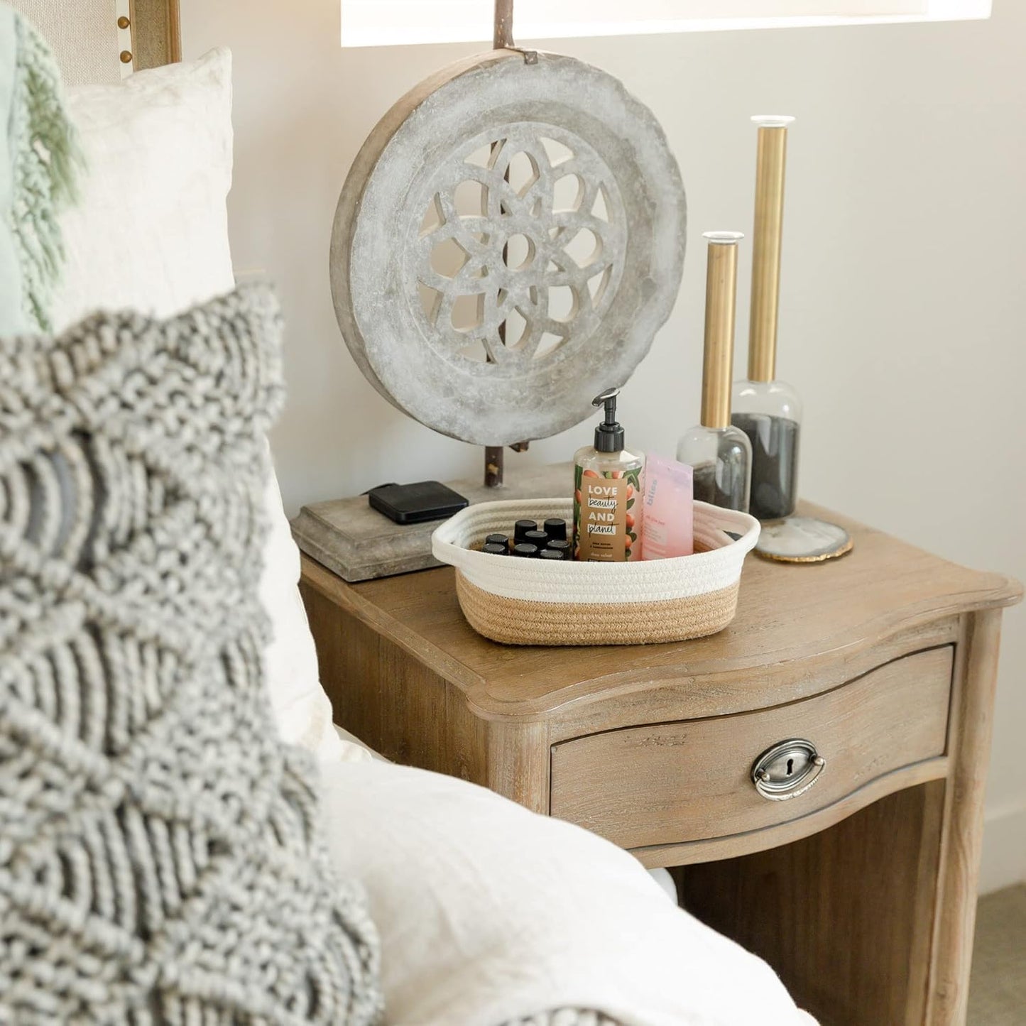 NaturalCozy 5-Piece Rectangle Storage Basket Set- Natural Cotton Rope Woven Baskets for Organizing! Small Basket for Montessori, Baby Nursery, Dog Toy Baskets, Cat Toy Box, Bathroom Organization Bin