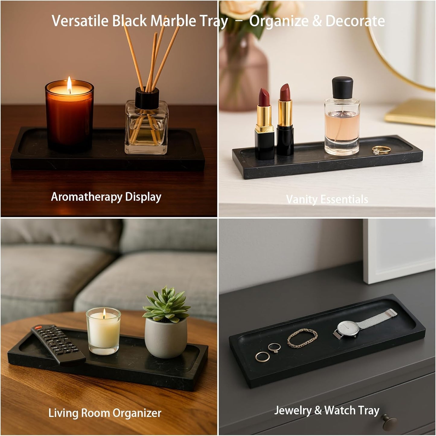 Black Marble Tray for Bathroom Countertop - Rectangular Vanity Organizer, Natural Stone Catchall Tray for Dresser, Entryway, Makeup, Jewelry | 10.6" x 3.5", Polished Finish