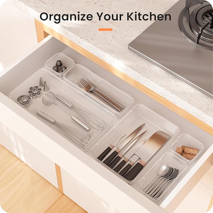 A-LuGei 【Military Grade】 Drawer Organizer, 【𝟱𝗦𝗶𝘇𝗲】 Clear Makeup organizer, 【Holds 177 Items】 Bathroom Organizers and Storage, Plastic Desk Organizer Divider, Organizer Bins for Office Vanity