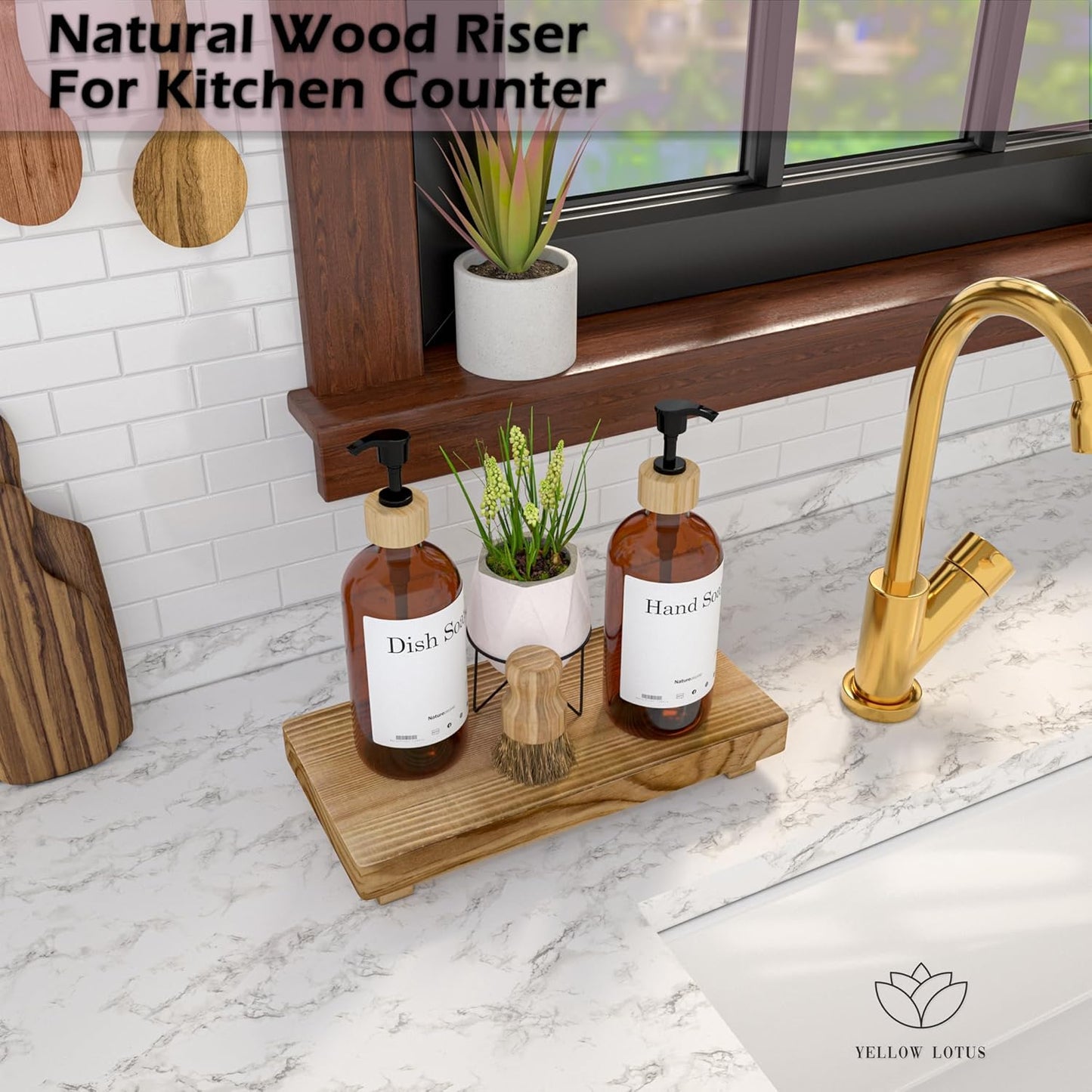 Dish Soap Tray for Kitchen Counter - 2 Pcs Bathroom Accessories Set, 11” Farmhouse Wooden Riser Display Stand, Bamboo Bar Soap Holder, Kitchen Soap Tray, Neutral Bathroom Decor, Brown