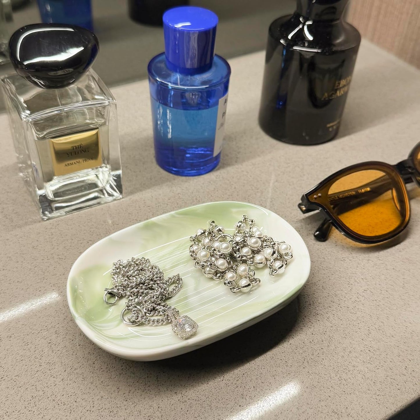 Soap Dish, Ceramic Soap Dish with Marble PatternShower, Soap Saver Tray for Bathroom, Kitchen Sink & Vanity, Multi-Use Holder for Jewelry, Rings, Keys (1 Pack, Green-White)