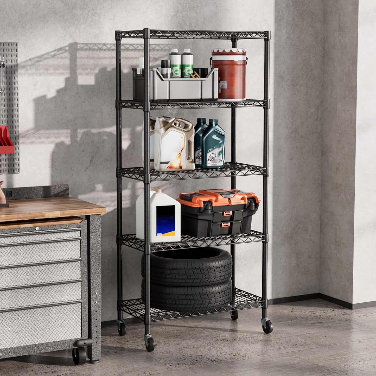 SINGAYE 5 Shelf Adjustable Heavy Duty Storage Shelving Unit with Wheels Steel Organizer Wire Rack Shelves Bathroom Organizers and Shelf Wire Closet Metal Pantry Kitchen Garage 14" DX30 WX70 H Black