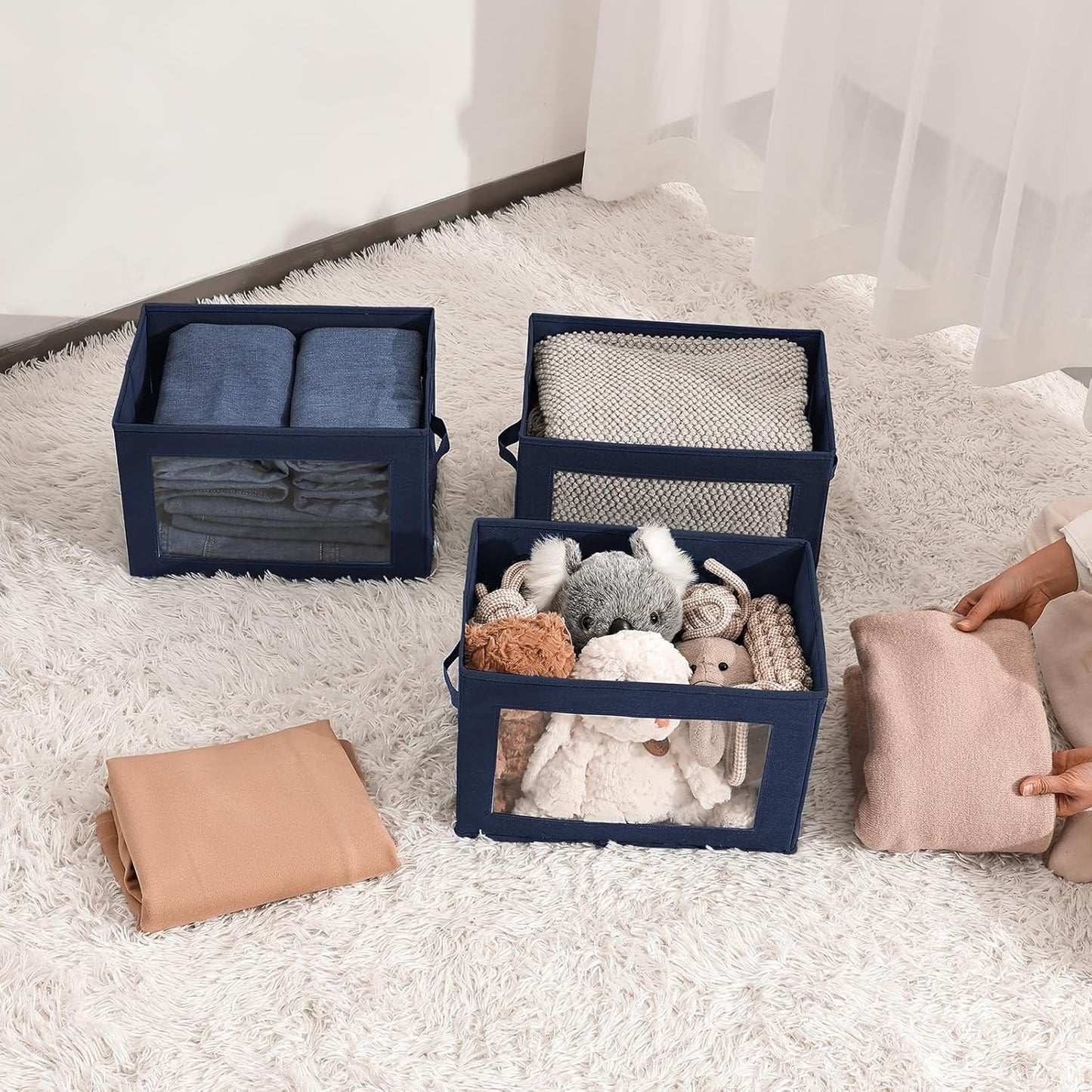 Stackable Storage Bins with Lids - Medium Storage Box with Lids, Foldable Closet Boxes for Organizing, Wardrobe Clothes Organizer with Window, Cubes Bins for Living Room, 5 Pack, Navy Blue