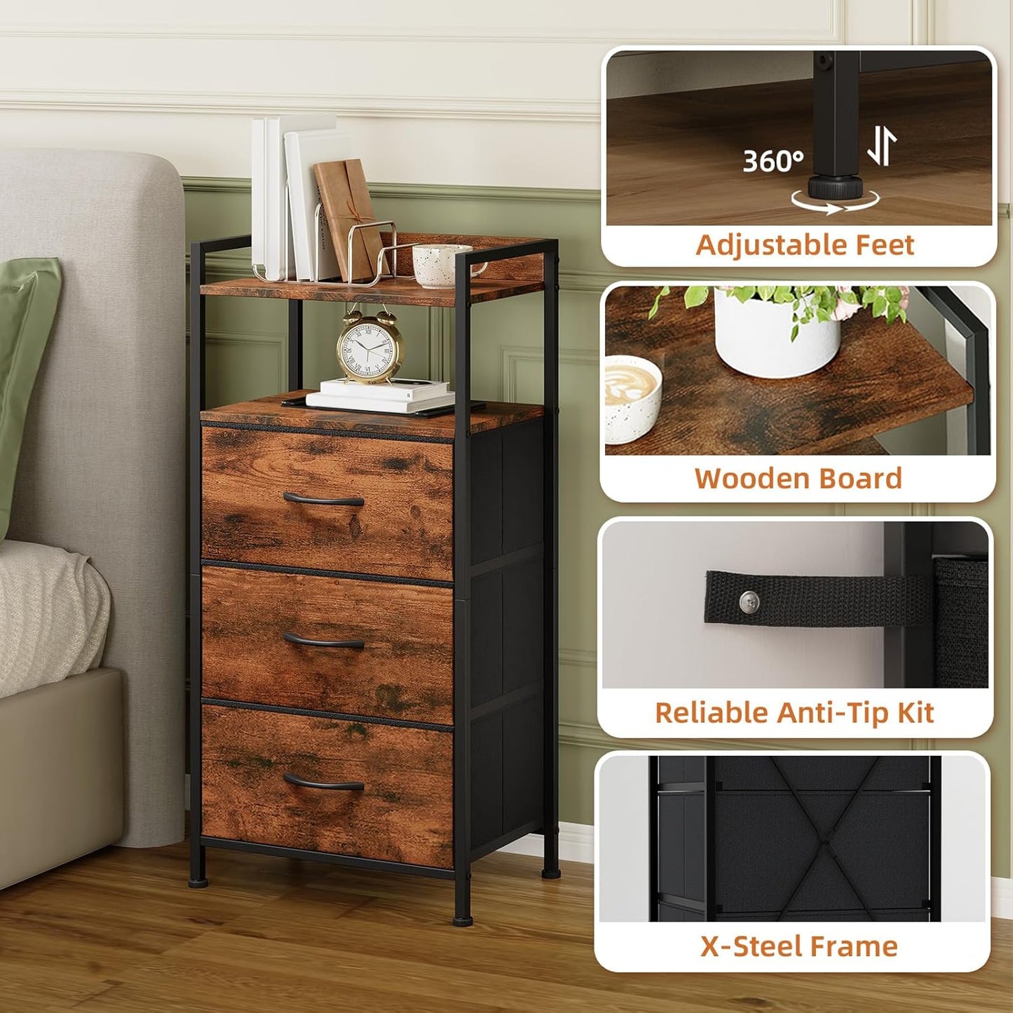 Somdot Nightstand with 3 Drawers, Dresser with Fabric Bins for Bedroom, Hallway, Entryway, Nightstand Bedside Table Furniture, Sturdy Steel Frame, Wooden Top, Easy Pull Fabric Bins, Wood Grain Print