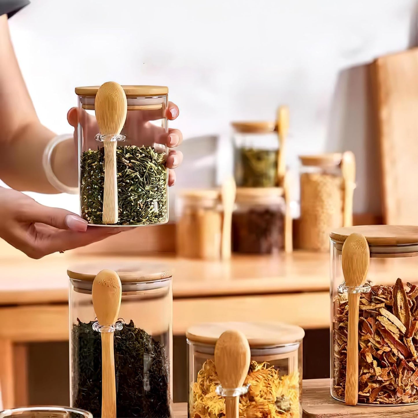 34 oz/1000 ml Glass Storage Canister with with Airtight Lid, Cute Clear Decorative Container Jar with Wooden Spoon for Coffee Spice Candy Salt Cookie Condiment Sugar Matcha Tea Overnight Oats