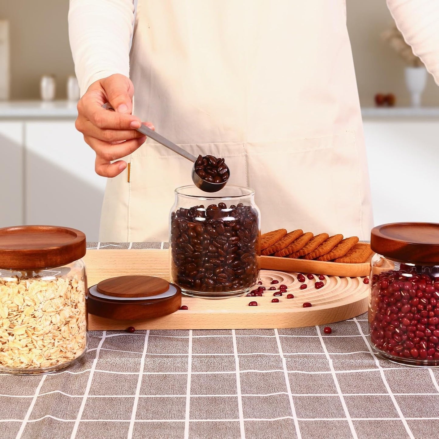 16oz Glass Airtight Food Storage Jars with Acacia Wood Lid - Kitchen Canisters for Coffee,Tea,Sugar,Spices,Herbs,and Candy - Airtight, and Stylish for Pantry or Countertop (4PCS)