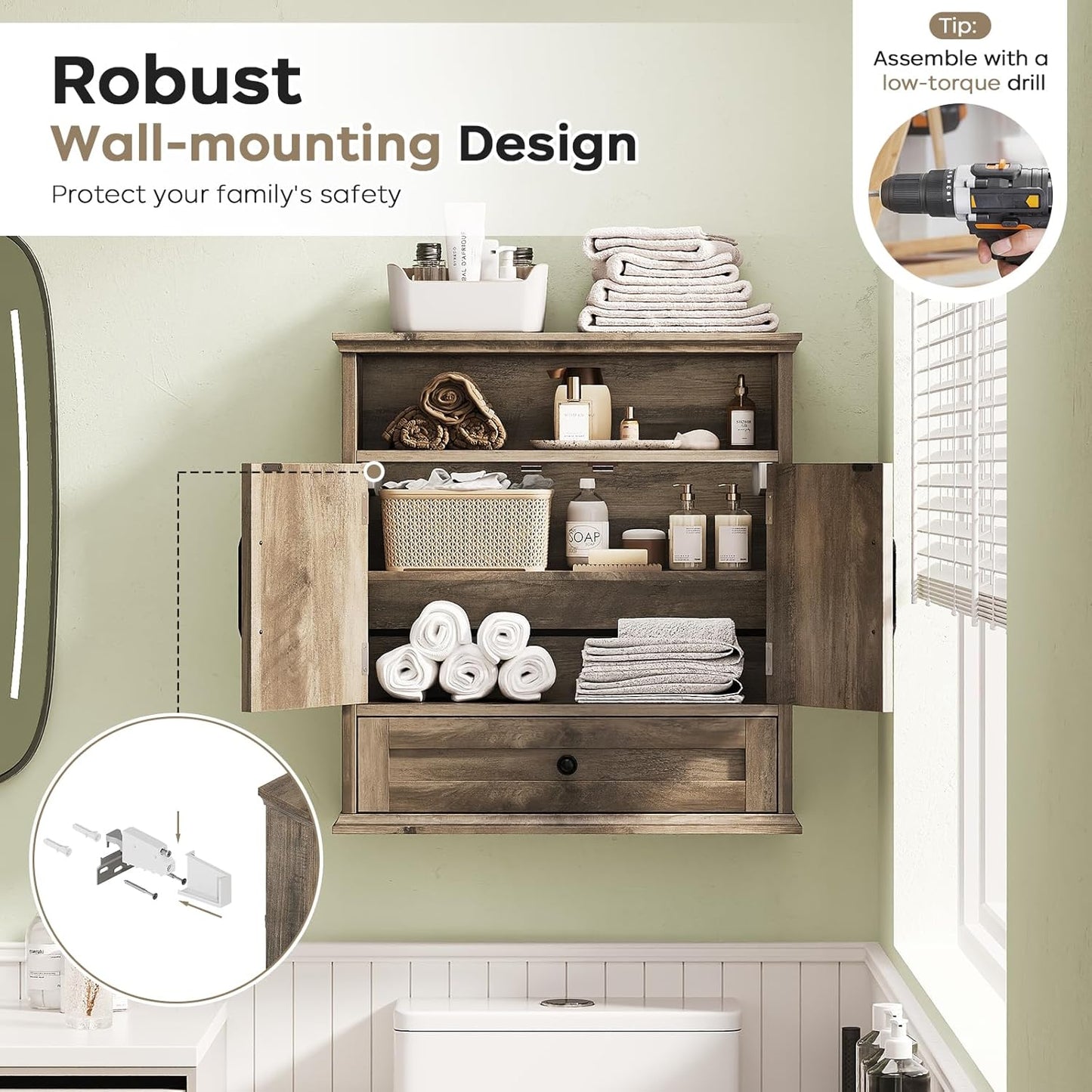 Bathroom Wall Cabinet, Wall Mounted Medicine Cabinet with Drawer, Barn Door & Adjustable Shelf, 24.4"H x 23.6"W x 9"D Grey Over Toilet Farmhouse Storage Cabinet for Kitchen, Laundry, Entryway