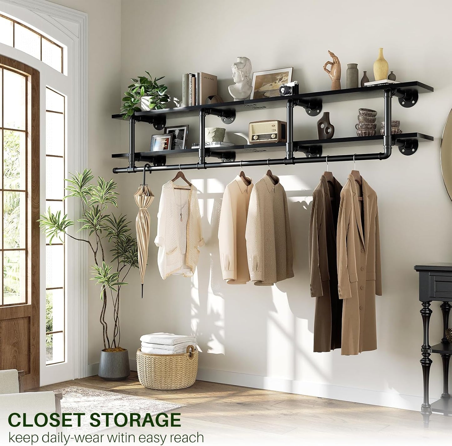 Aheaplus Industrial Pipe Clothes Rack with Top Shelf, 73In Space-Saving Wall Mounted Clothing Rack, 2 Tiers Heavy Duty Pipe Clothing Shelves with Hanging Rod for Laundry Room, Closet Storage, Black