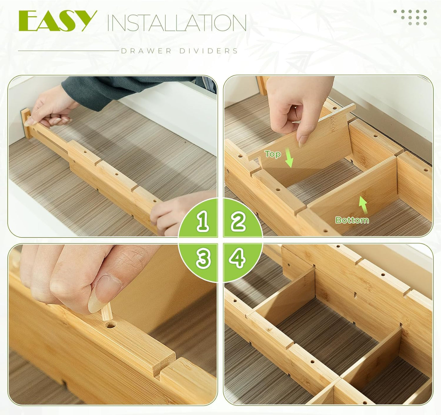 6PCS Bamboo Drawer Dividers with Inserts, Expandable Kitchen Utensil Drawer Organizers,Adjustable drawer organizer for deep drawers Dresser Closet Underwear Storage Bedroom Bathroom Drawers(16.6"-22")