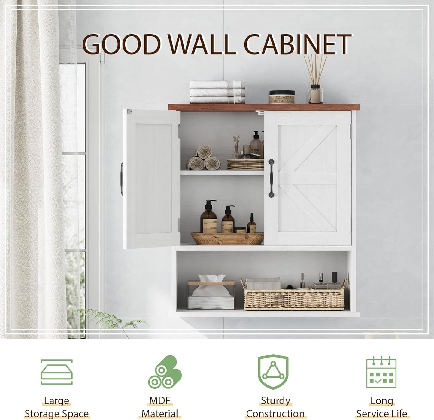 Smuxee Farmhouse Wall Mounted Cabinet, White Small Medicine Cabinet with Adjustable Shelf, for Bathroom, Living Room, Laundry Room