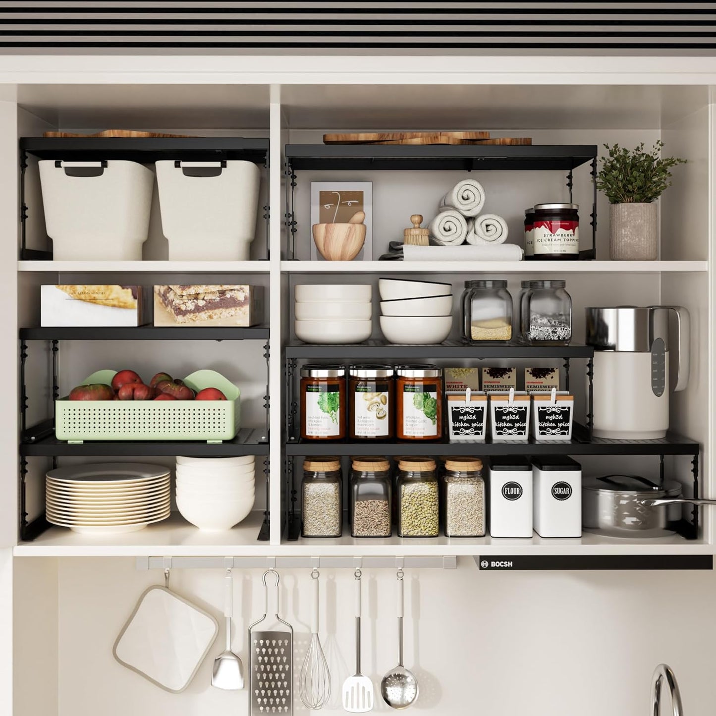 Adjustable Stackable Metal Storage Shelf Organizer - Expandable Wire Rack with Perforations for Kitchen, Pantry, Bathroom, Cabinet & Office-Compact, Durable & Sturdy (2PACKS/Large/Black)