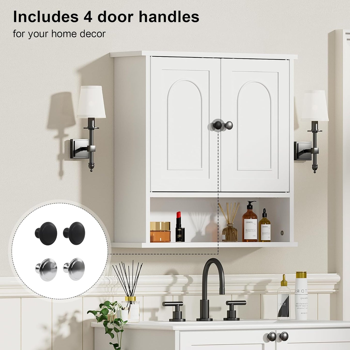 Bathroom Medicine Cabinet,2 Doors White Bathroom Wall Cabinet with Arched,Over Toilet Storage Cabinet for Laundry Room/Kitchen/Living Room,Surface Mount Medicine Cabinets 23x24