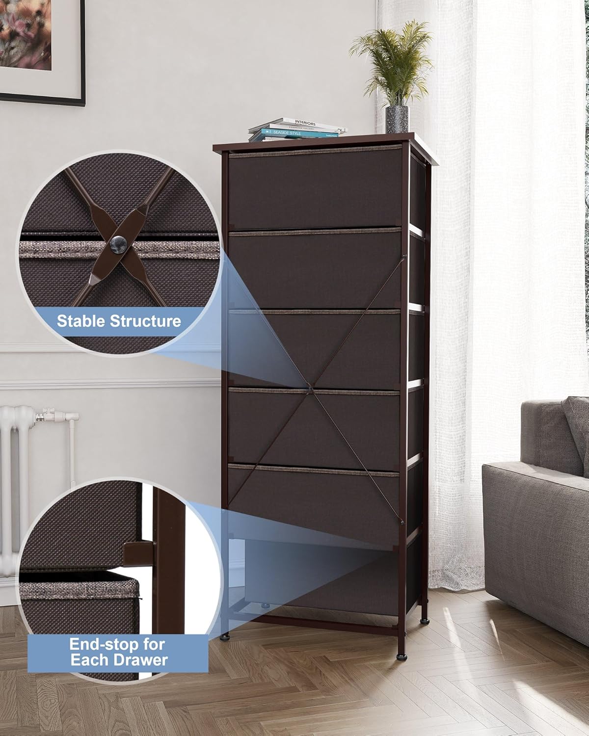 Crestlive Products Vertical Dresser Storage Tower - Sturdy Steel Frame, Wood Top, Easy Pull Fabric Bins, Wood Handles - Organizer Unit for Bedroom, Hallway, Entryway, Closets - 6 Drawers (Brown)