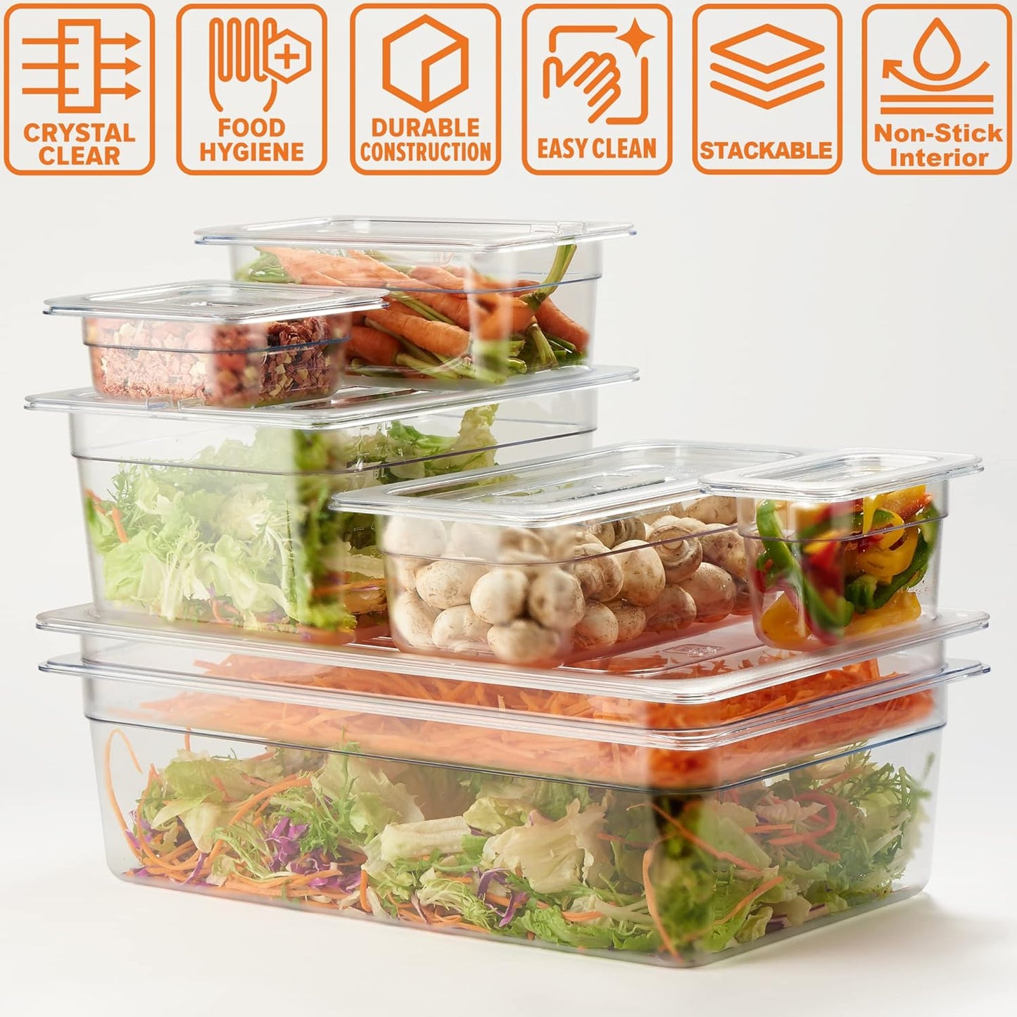 CURTA 6 Pack NSF Food Pans, 1/4 Size 2 1/2 Inch Deep, Commercial Polycarbonate Plastic Clear Freezer-Safe