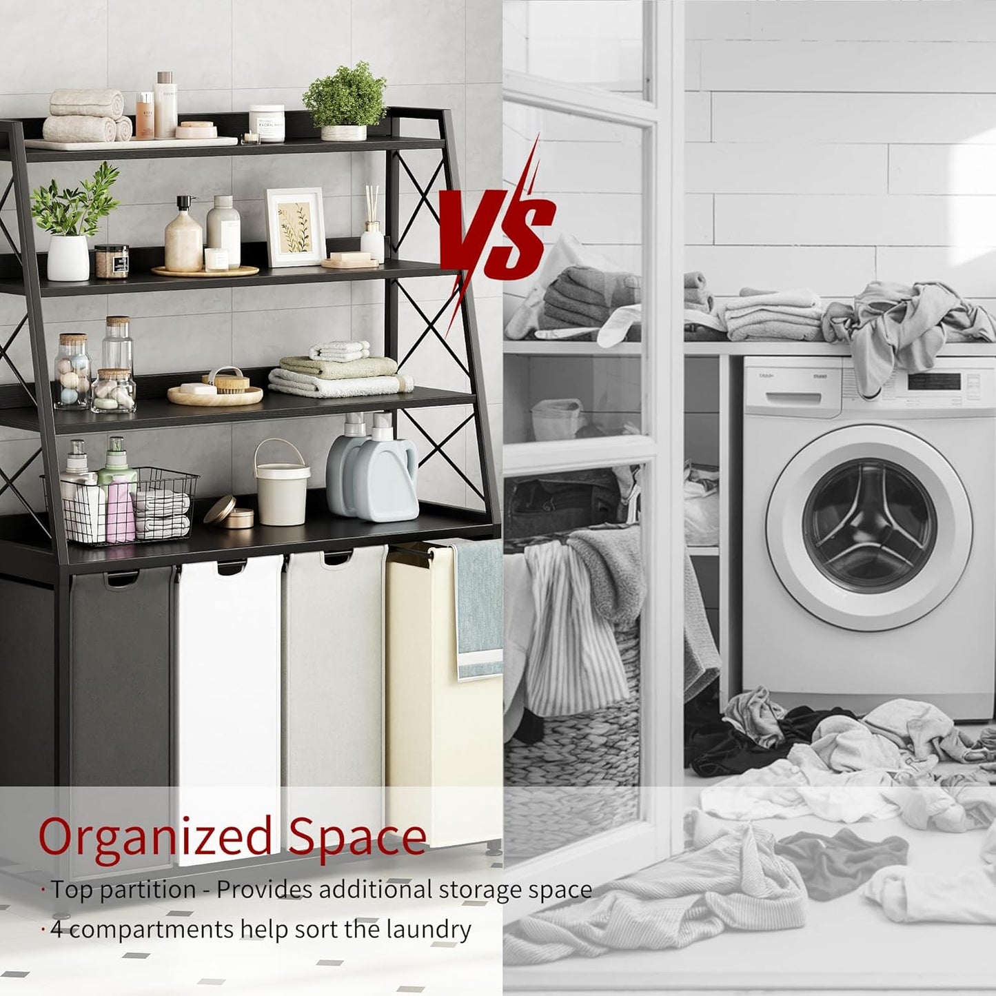 Laundry Basket, 4 Section Laundry Hamper with 4 Tiers Shelf, Pull-Out and Removable Laundry Bags, Large 4 x 15.87 Gallons, for Laundry Room Bathroom Black PF12XLK