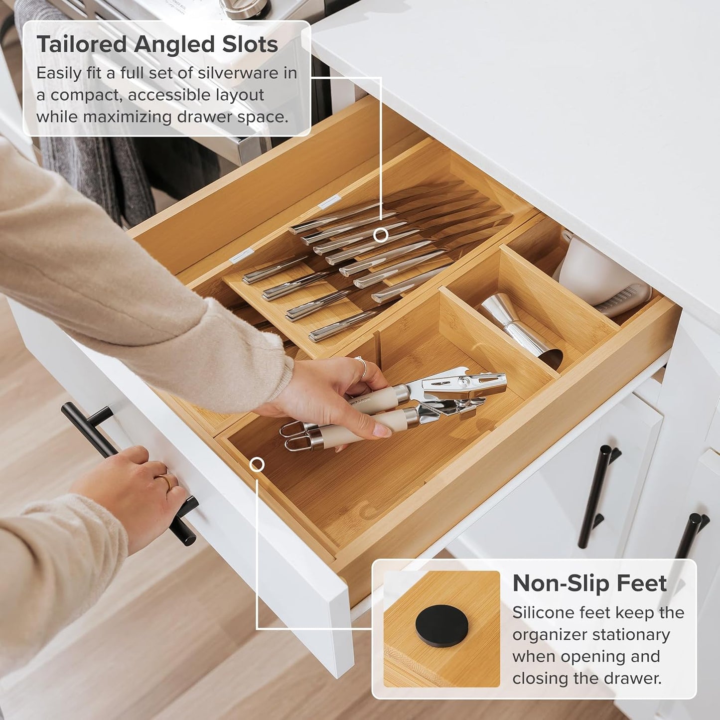KitchenEdge Premium Silverware and Utensil Drawer Organizers – Slanted 3-Compartment and 5-Compartment Design, Labeled Slots, Non-Slip Feet, 100% Sustainable Bamboo, 2 Pack