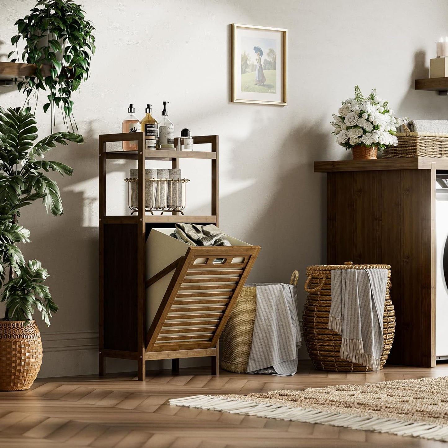 HITNET Bamboo Tilt Out Laundry Hamper, Bathroom Storage Cabinet with Hidden Removable Basket and 2 Open Shelves, Space Saving Bamboo Storage for Clothes, Towels and Toys, Walnut