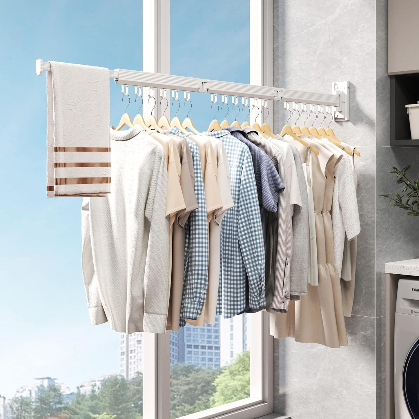 Wall Mounted Clothes Drying Rack, Retractable Laundry Rack for Hanging Clothes, Collapsible, Foldable, White-Rings