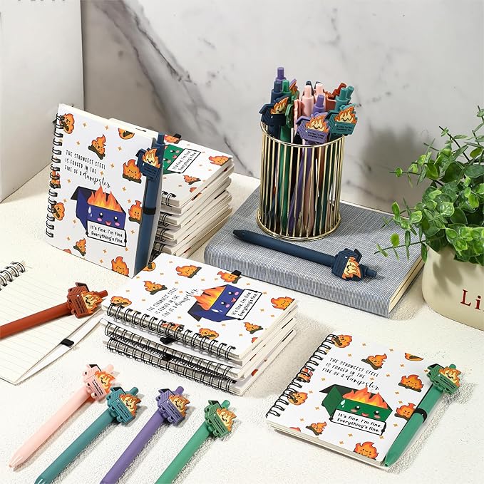 60 Pcs Dumpster Fire A6 Notebooks Pens Bulk Boss Day Inspirational Funny Gift Set with Saying Dumpster Fire Notepad Ballpoint Pen Dispatcher Employee Appreciation Gift (Colorful)