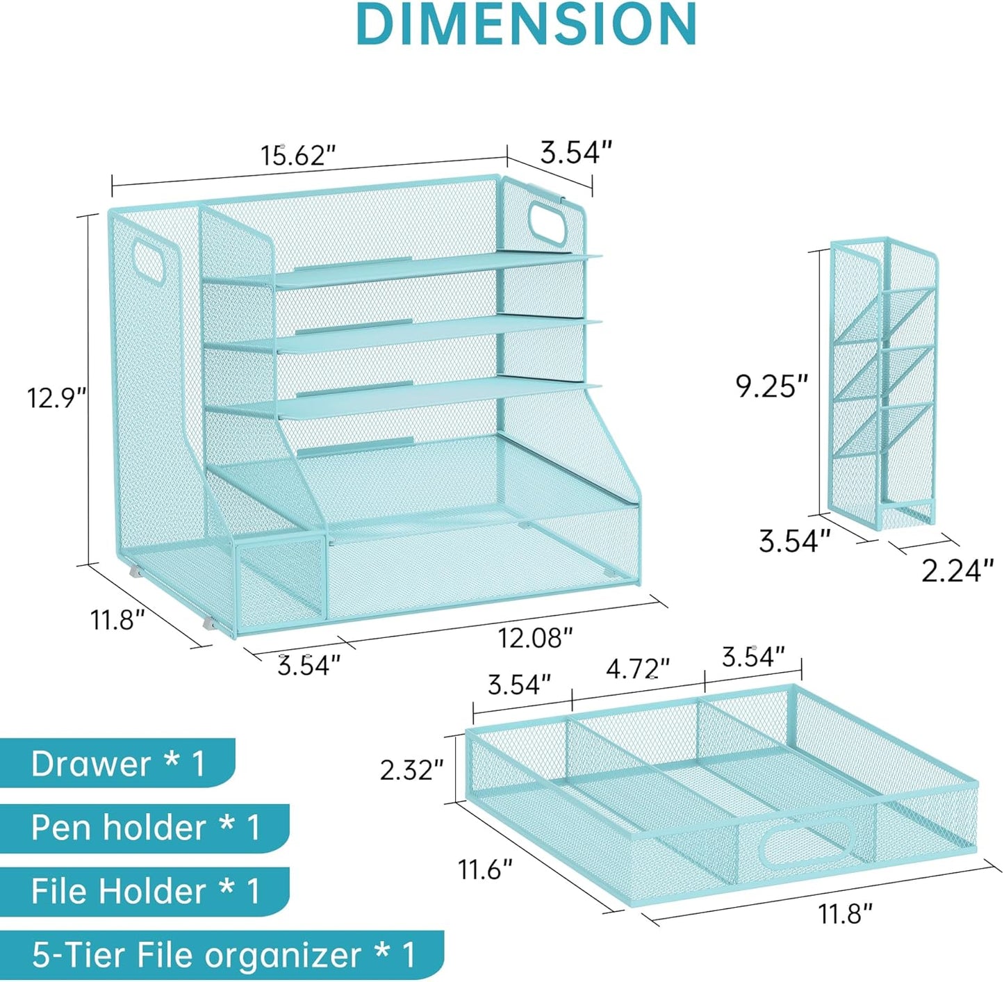 SUPEASY Desk Organizer with File Holder, 5-Tier Mesh Paper Letter Tray Organizer with Pen Holder and Drawer, Desktop Organizer and Storage with 3 Tilted File Sorter for Office Supplies, Blue