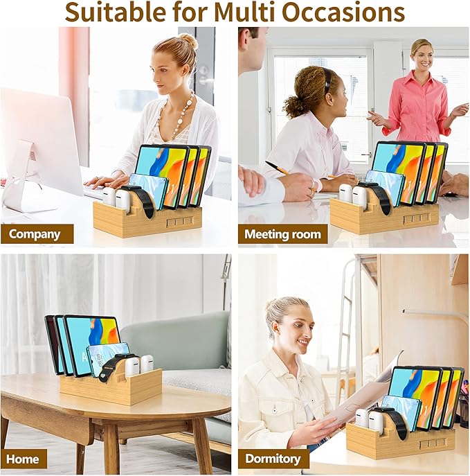 Bamboo Charging Station for Multiple Devices,15W Fast Wireless Charger Night Light with 3 Color & 4 Adjustable Brightness,Night Stand Charger Station Compatible with Phone/Watch/Air-Pods with Adapter