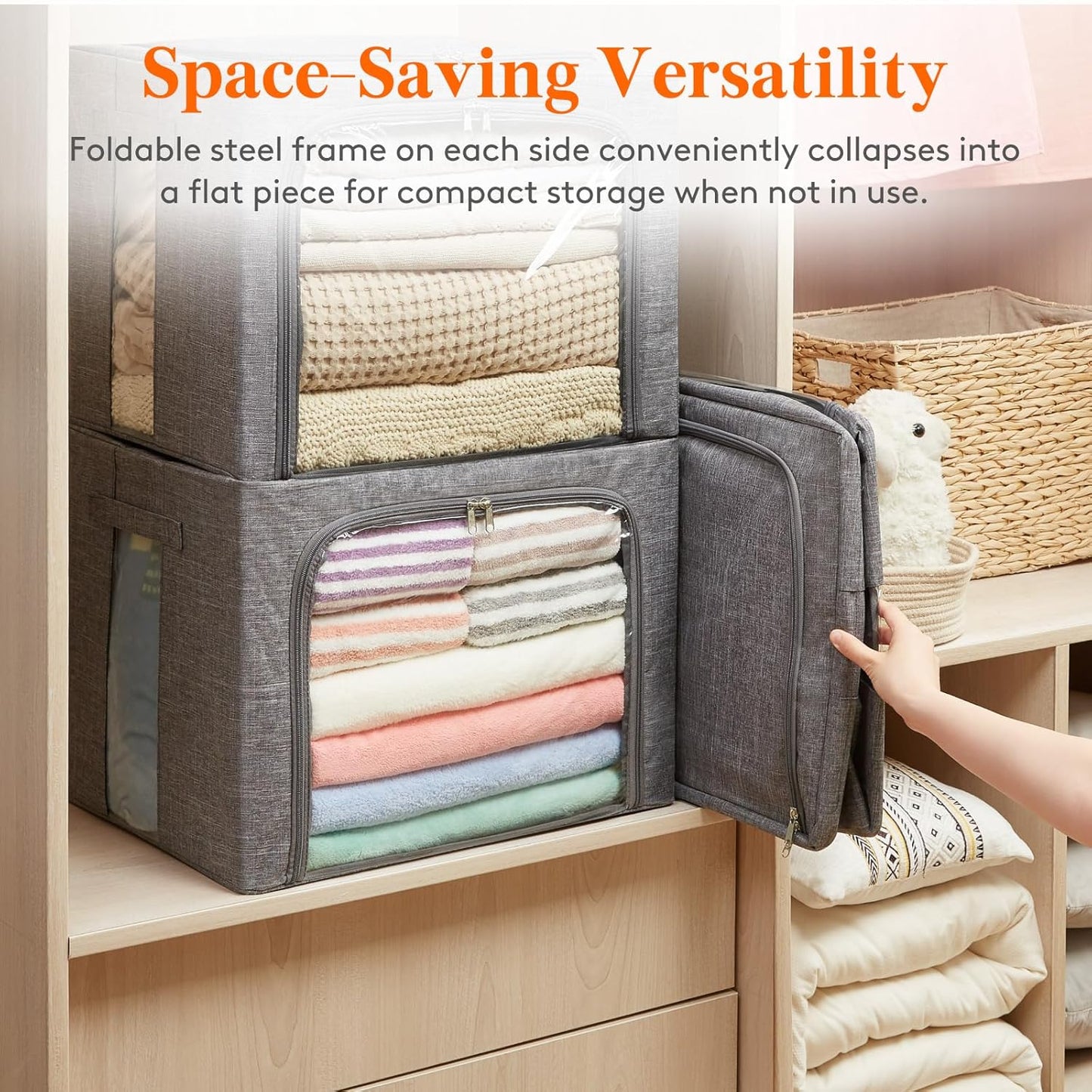 Lifewit Clothes Storage Bins with Metal Frame, Stackable Storage Box, Foldable Clothing Storage Bins with Lids, 75L Storage Bags Fabric Box Organizer with Clear Window& Zippers& Sturdy Handles 3 Pack