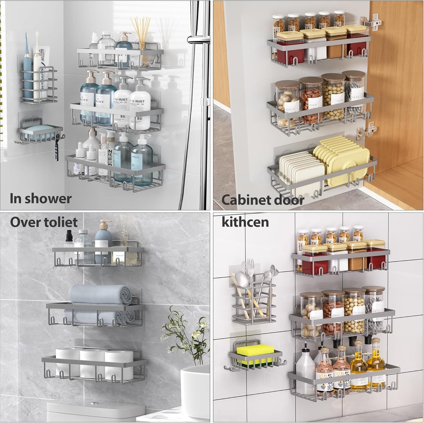 10 Pack Shower Caddy Organizer Rack Shelf for Inside Shower, Self Adhesive Wall Storage Basket Rustproof Stainless Steel Shampoo Holder Bathroom Accessory Decor Set, Grey