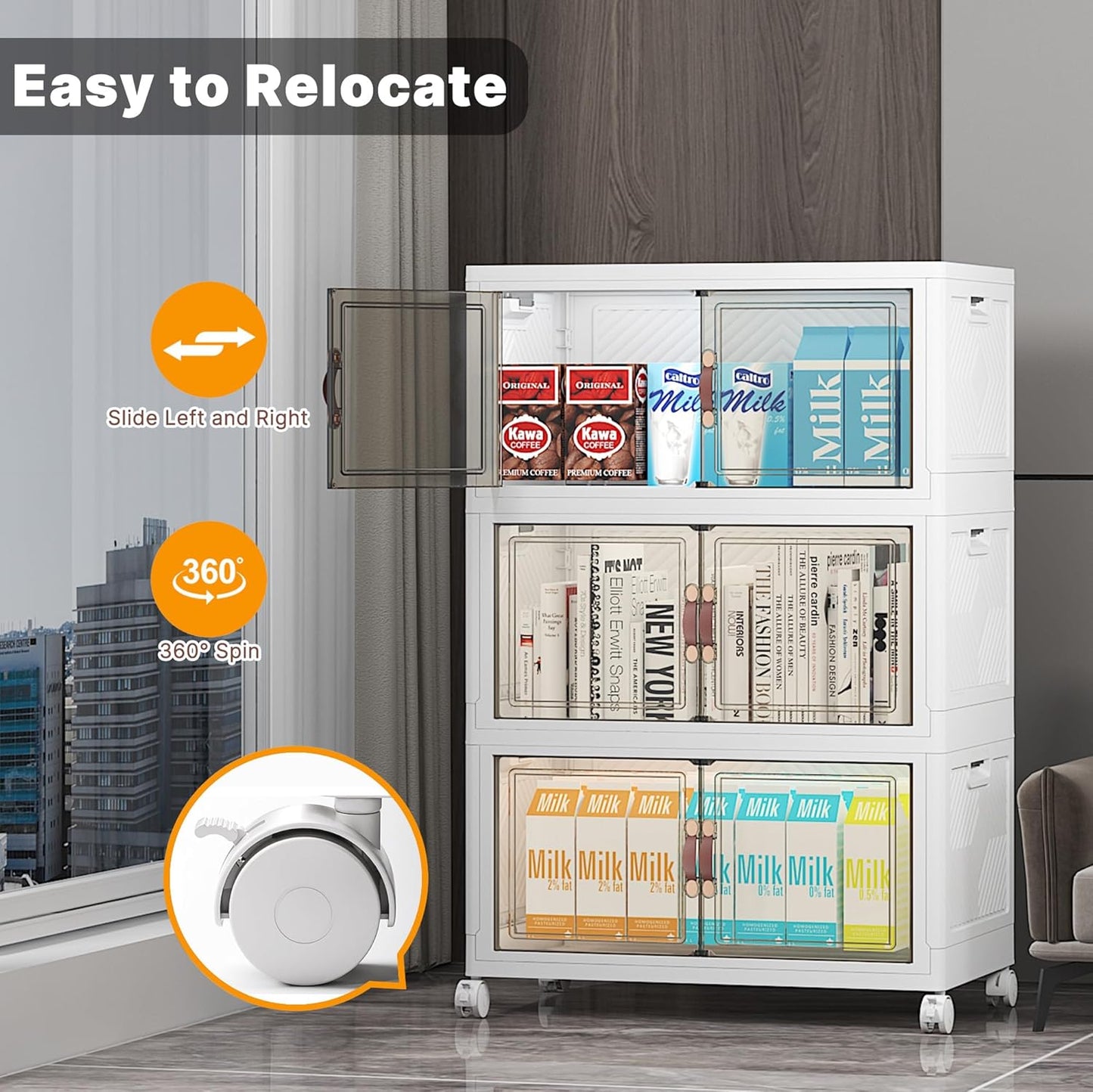 Extra Large Stackable Storage Bins with Lids & Wheels & Door, 156QT-52QT/13GAL*3Pack Foldable Collapsible Closet Organizers, Plastic containers drawers for bedroom Dorm