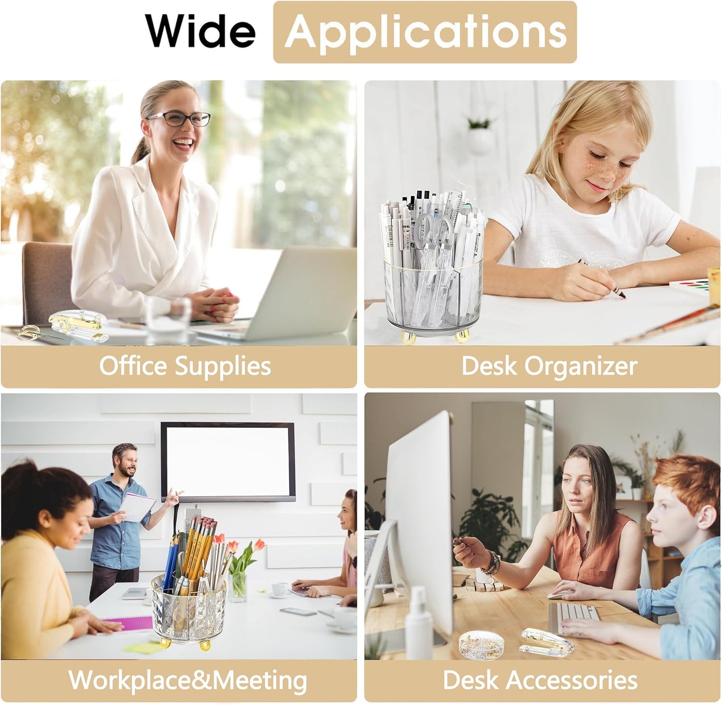 Gold Desk Accessories, Office Desk Organizers and Accessories 360°Pen Holder Acrylic Stapler Set, Phone Holder, Ballpoint Pen, Scissor, Binder Clips, Ruler, Transparent Glue, Sticky Note and Staples.