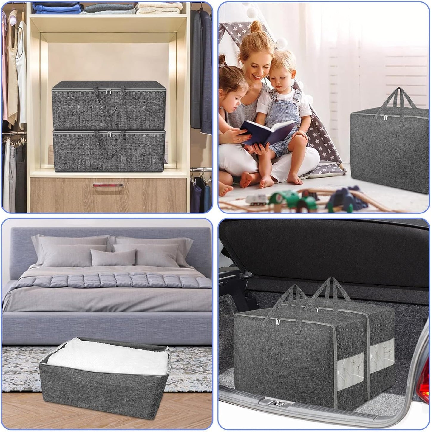 3Pack 105L Extra Large Storage Bags, Folding Comforter Blanket Storage Bags Closet Organizers and Storage Containers for Clothes with Strong Handles&Zippers Clear Window for Bedding Pillow Black