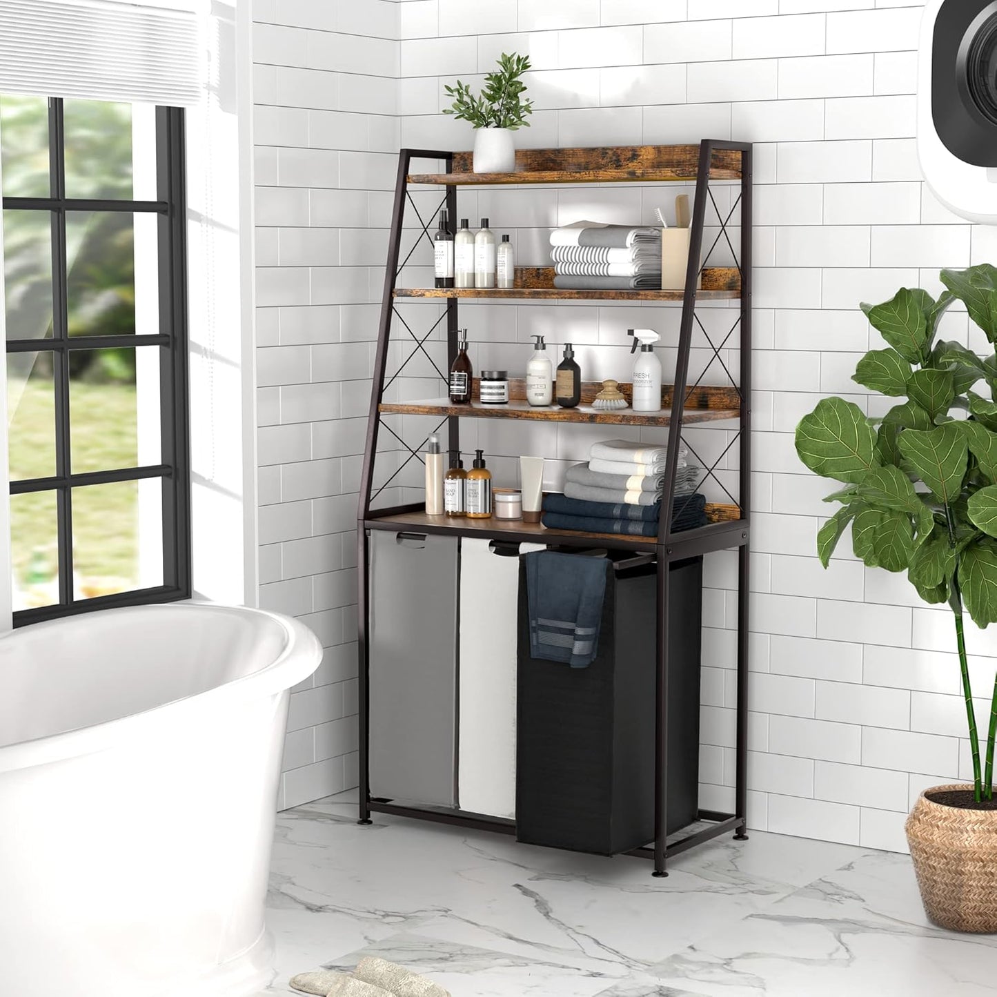 Laundry Basket, 3 Section Laundry Hamper with 4 Tiers Shelf, Pull-Out and Removable Laundry Bags, Large 3 x 15.87 Gallons, for Laundry Room Bathroom Rustic Brown PF05XLN