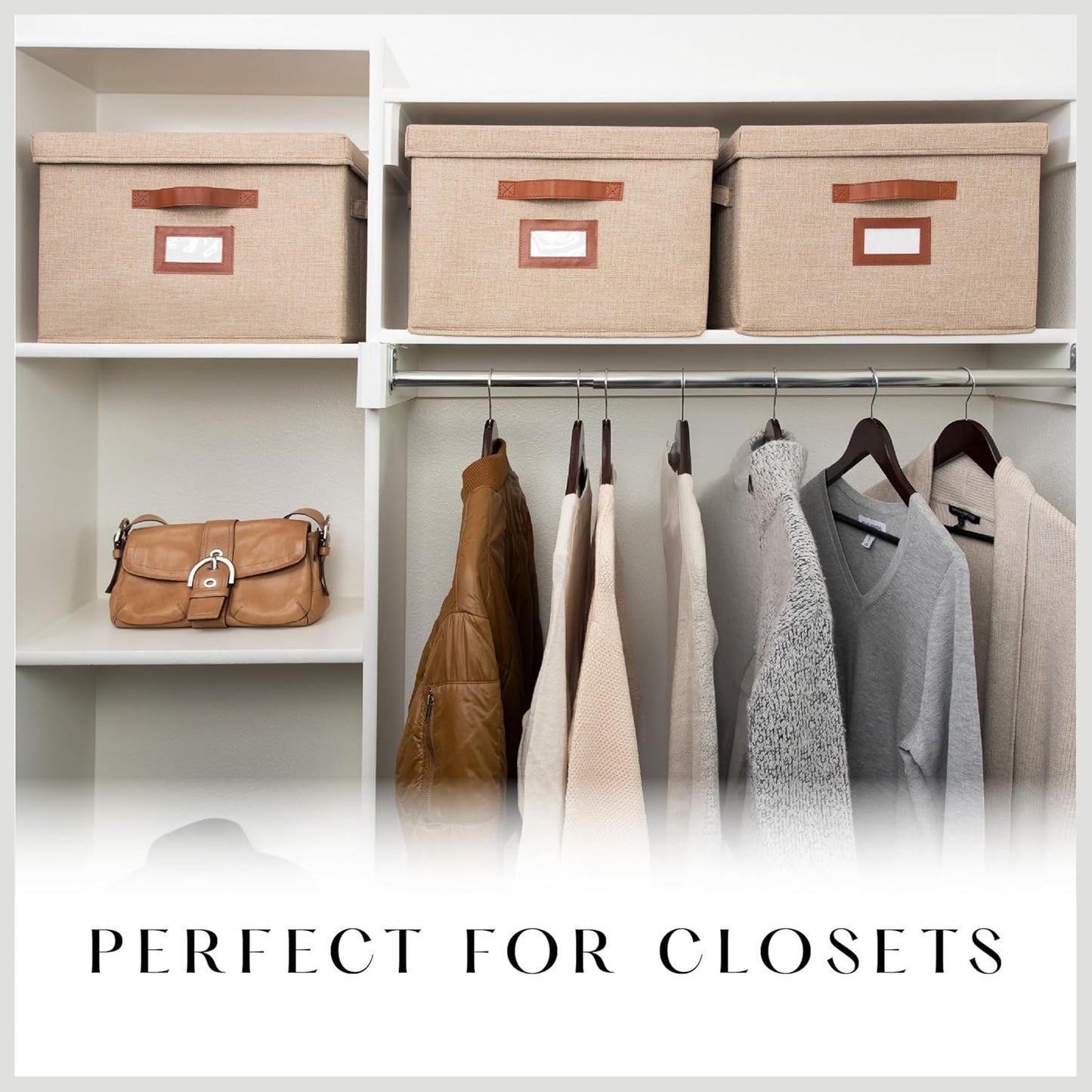 3 Pack Large Fabric Storage Box with Lid - Decorative Bin with Lid, Label Holder, Faux Handles - Large Decorative Storage Boxes with Lids for Organizing Clothes, Blankets - Oatmeal