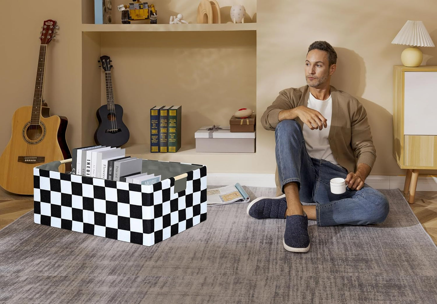 Checkered Storage Basket Room Decor Gifts Basket Foldable Nursey Box Kids Hamper Storage Cube for Women Closet Organizer Boys Car Toys Bins with Handles