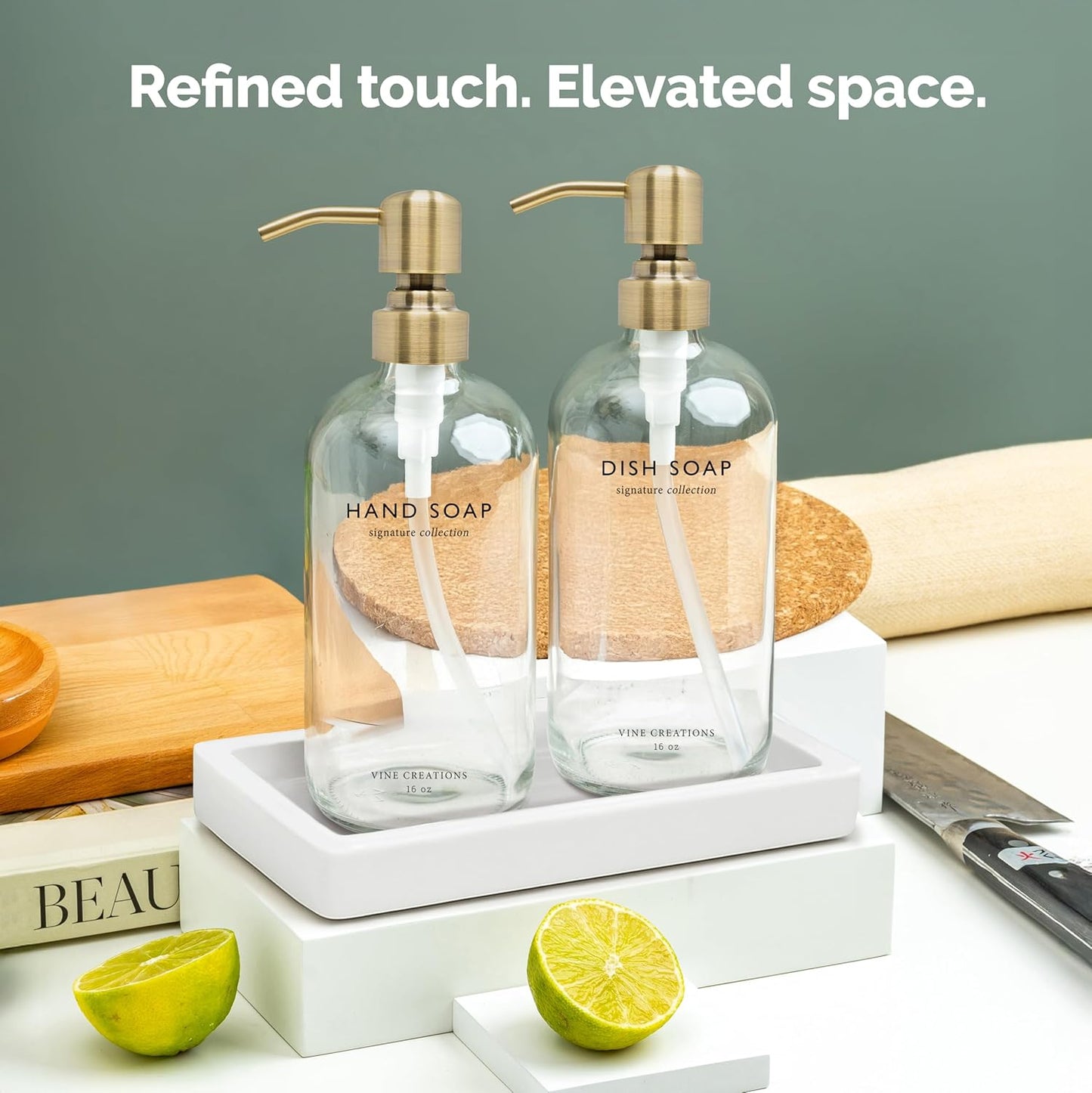 Vine Creations Glass Soap Dispenser Set, Kitchen Soap Dispenser Set with Ceramic Tray, 16 oz Dish Soap and Hand Soap Dispensers with Stainless Steel Pump Decor (Clear Bottle/Brushed Brass)