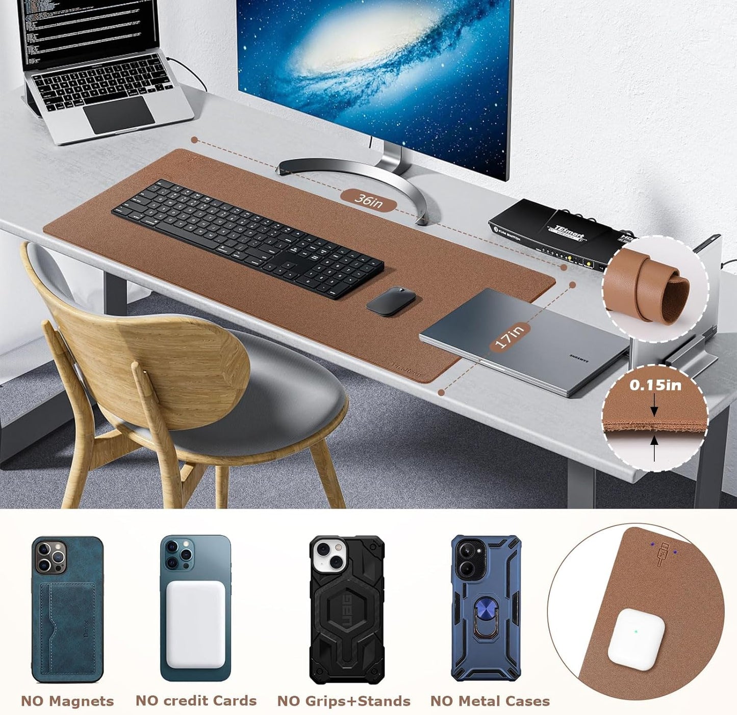 Wireless Charging Mouse Pad Firelison 2 in 1 Leather Multifunctional Office Desk Pad with Non-Slip Rubber Base, Waterproof Desk pad for Computers/Office/Work/Home/Decor( 36" x 17"Buff - L)