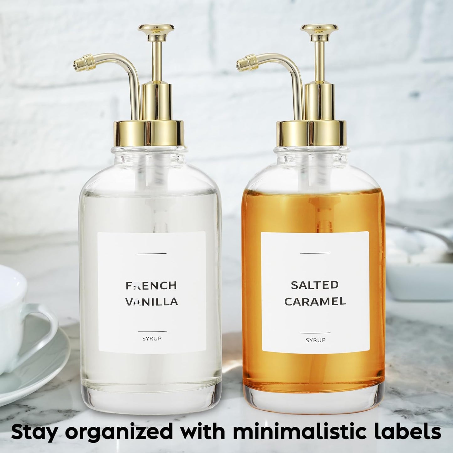 Coffee Syrup Dispenser with Pump - Includes 24 Flavor Labels - Glass Syrup Dispenser for Coffee Bar - Elevate your Beverage Station with 16.9 fl oz Flavoring Container Bottles, 2pcs, Gold