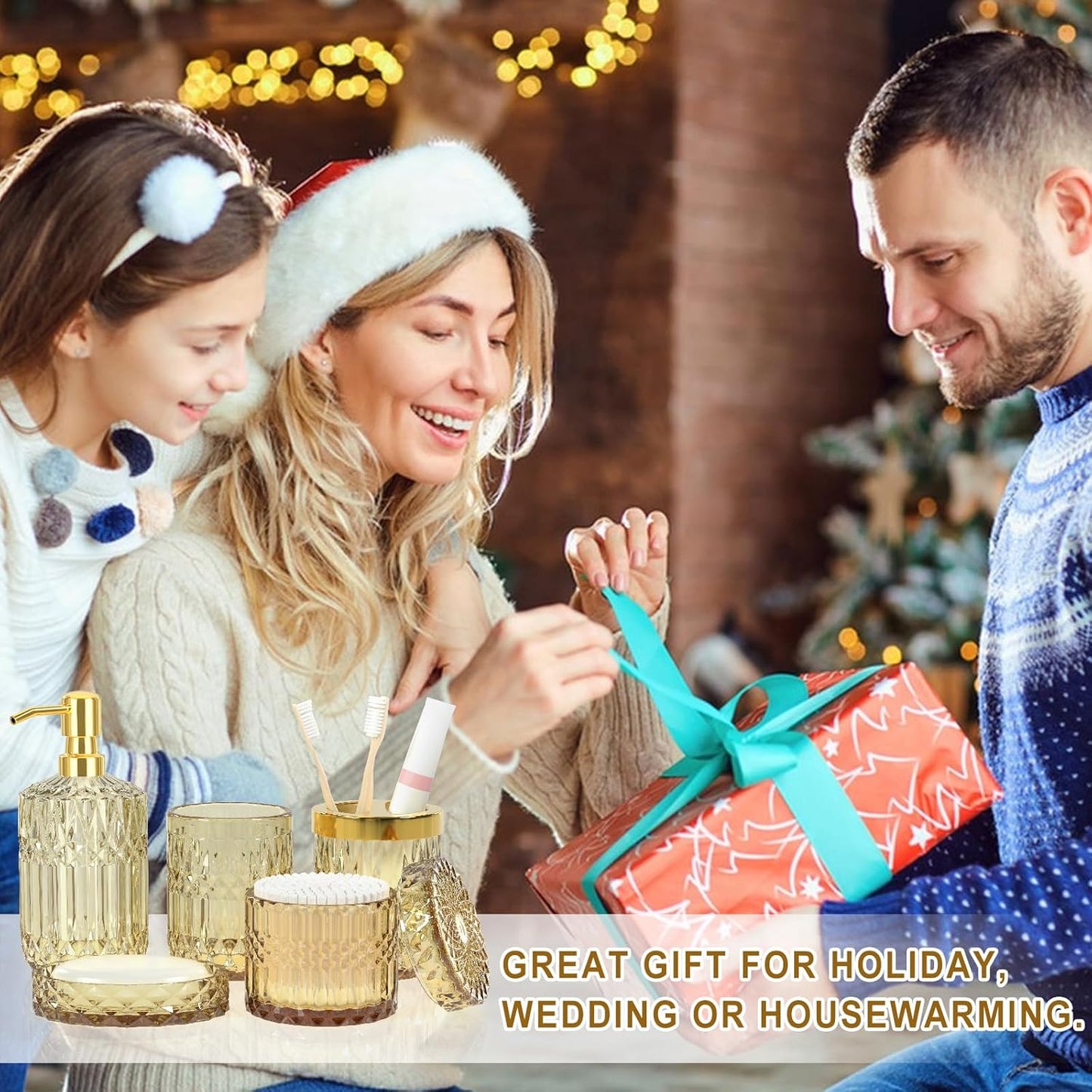 Brown Bathroom Accessory Set 5PCS - Amber Glass Bathroom Accessories with Toothbrush Holder Set, Soap Dispenser, Soap Dish, Tumbler, Cotton Swab Jars, Vintage Bathroom Decor Set Housewarming Gift