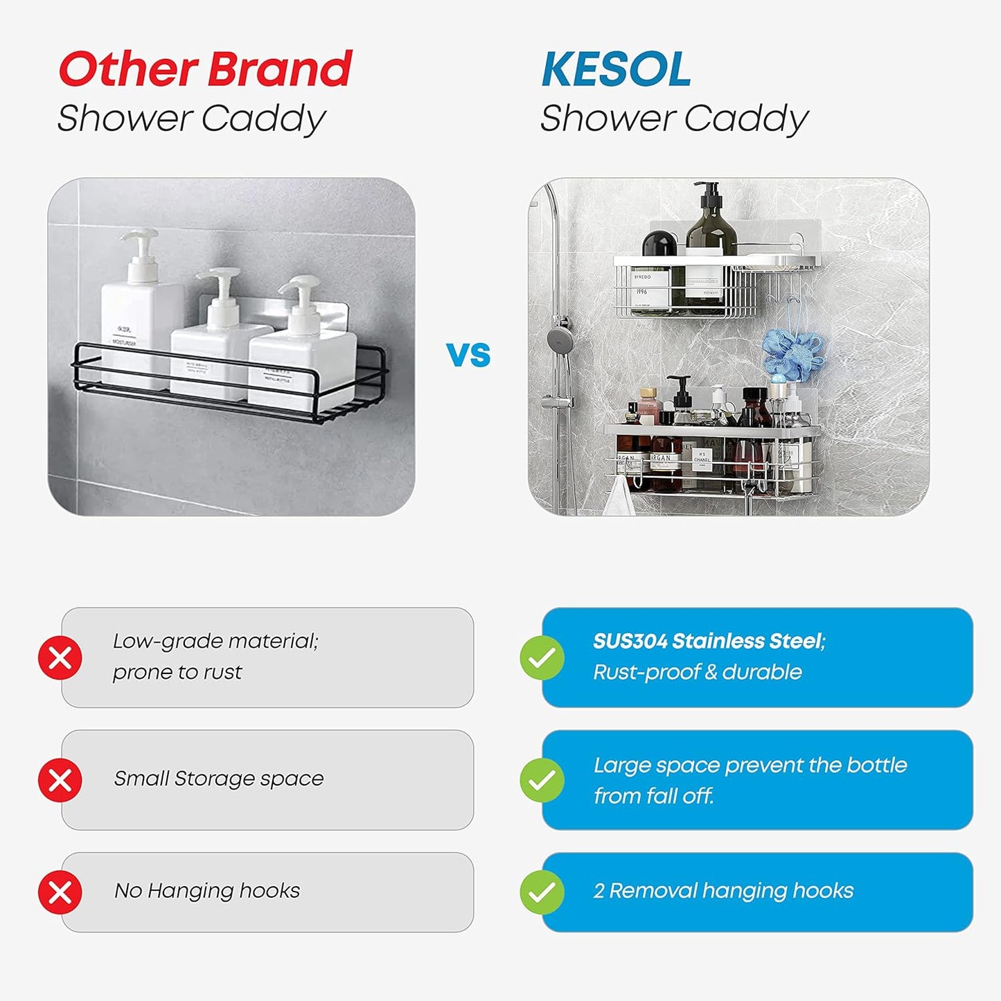 KESOL Shower Caddy and Soap Dish with Hooks Shower Shelf Organizer, No Drilling Adhesive Wall Mounted Bathroom Shelf, Rustproof SUS304 Stainless Steel (2 Pack), Silver