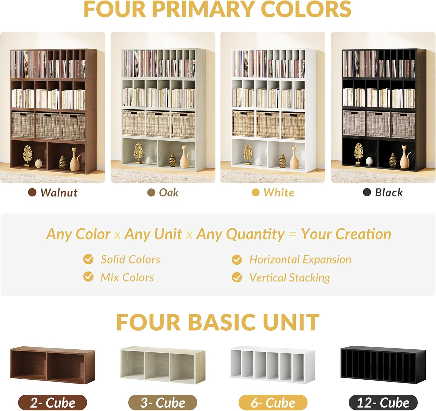 IOTXY DIY Modular Cube Bookcase - CubeXY Customizable Stackable Expandable Combination Set, 23-Cube Open Bookshelf for Books, Fabric Storage Bin, and Vinyl Record Organizer, White