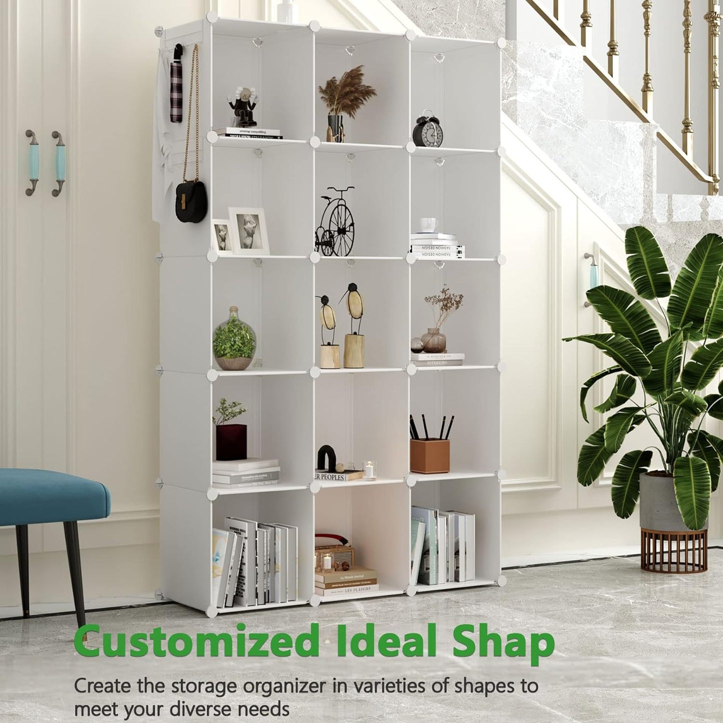 C&AHOME Cube Storage Organizer, 16-Cube Shelves Units, Plastic Storage Cubes, DIY Closet Organizer, Modular Closet Storage Shelves Ideal for Home, Bedroom, 48.4" L × 12.4" W × 48.4" H Milky UPCS16M