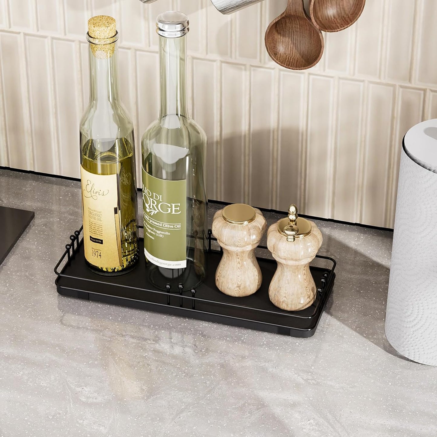 Bathroom Vanity Tray for Countertop Toiletries Perfume Makeup Soap Dispenser Toilet Tank, Kitchen Tray for Salt Spice, Black Decor Tray for Candle Nightstand Coffee 11.3”x 4.4”