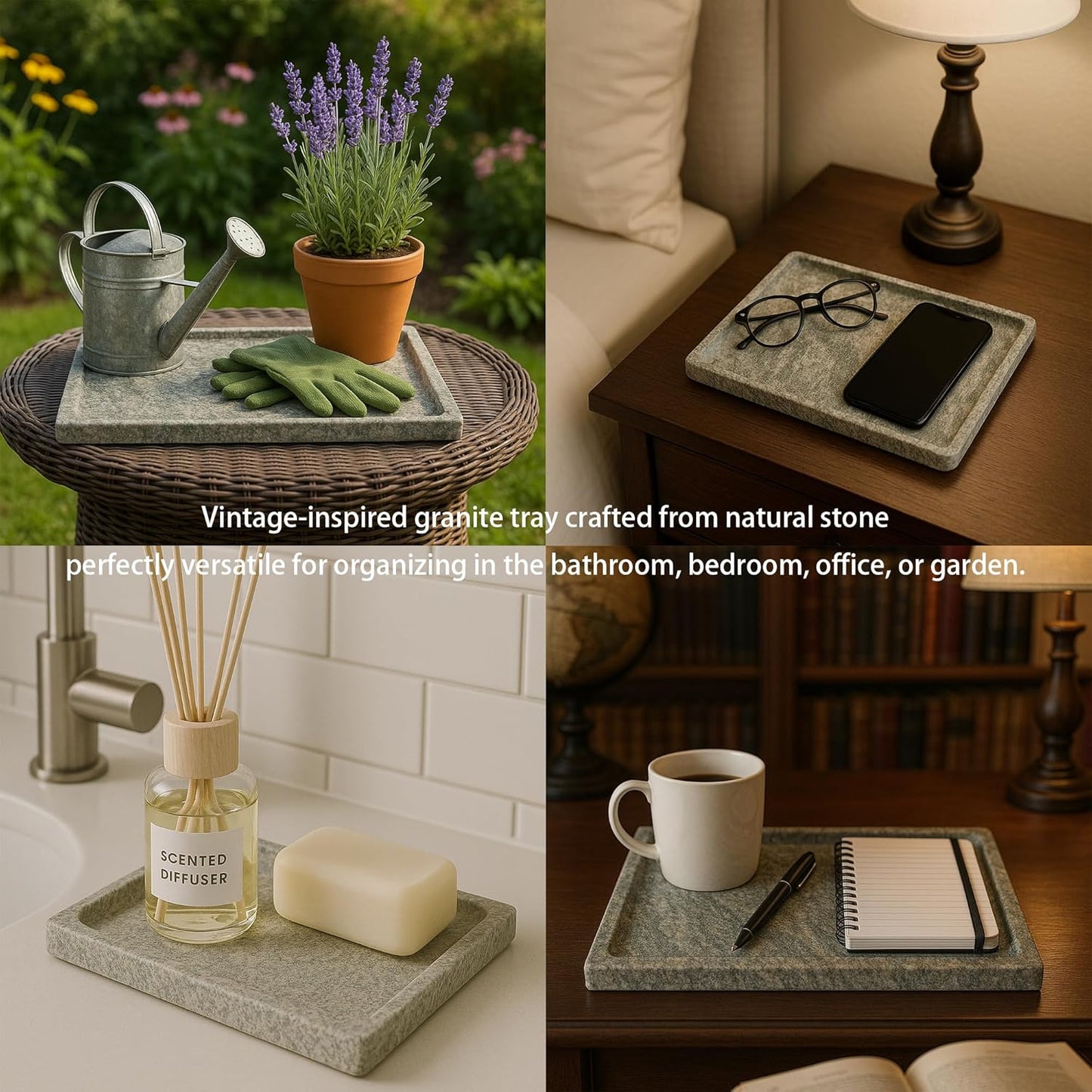 Large Stone Granite Vanity Tray 12 x 8 in - Rectangular Sand-Blasted Non-Slip Organizer with Grooved Edge, Vintage Catchall for Bathroom, Kitchen, Entryway & Bedroom (Imperial Green)