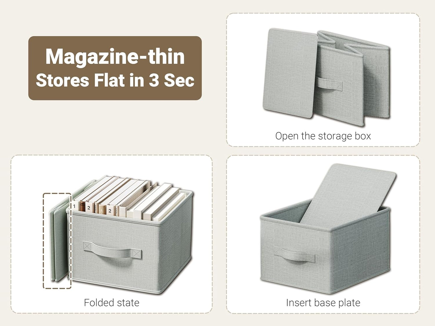 3 Pack Fabric Storage Bins for Shelves | 11.5x8.75x6.5in Closet Storage Baskets | Collapsible Storage Bins | Fabric Closet Organizers with Handles | Light Gray