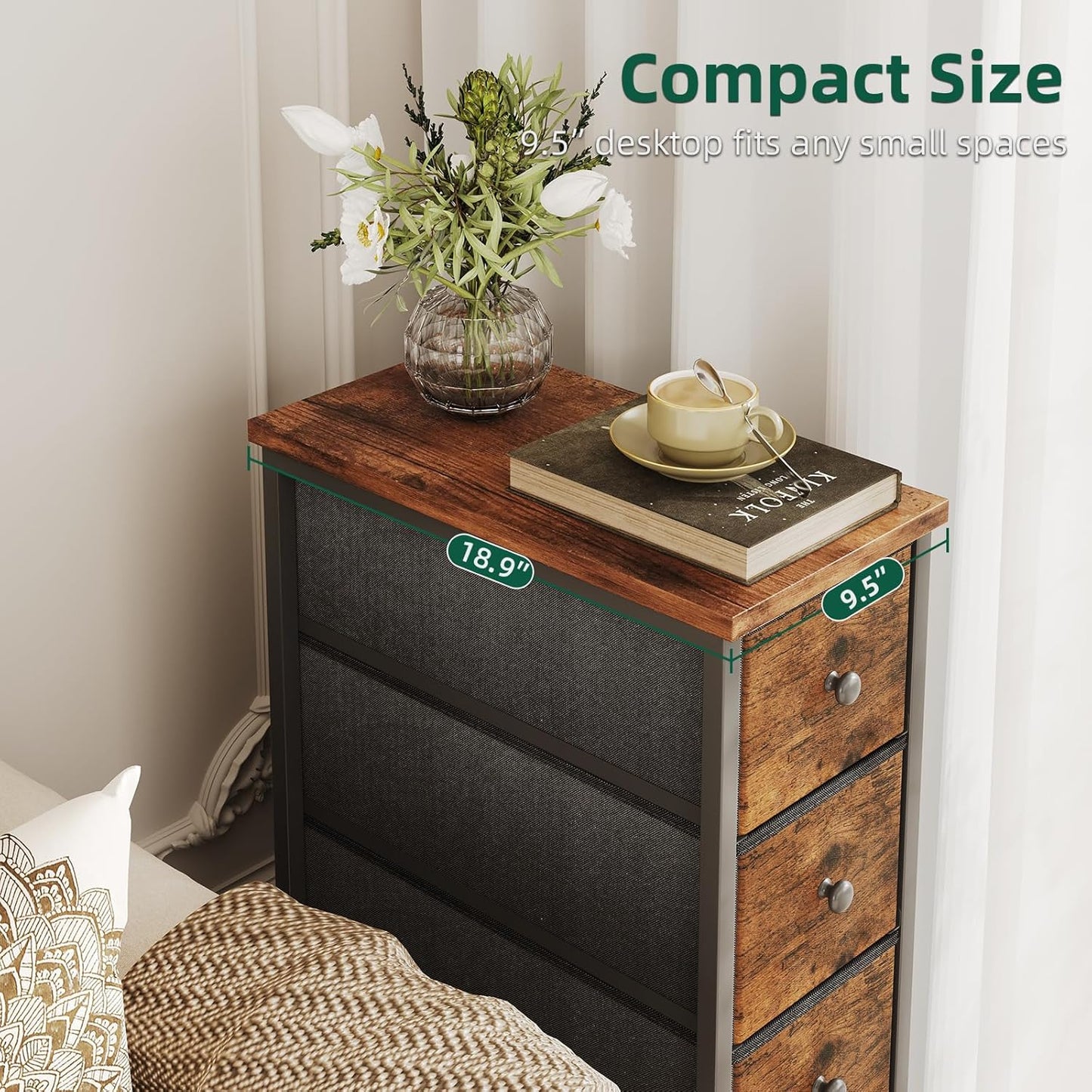 COTUBLR Narrow Dresser, 19" Wide Narrow Nightstand Dresser Storage Tower with 5 Drawers, Slim Fabric Dressers Chest of Drawers for Small Spaces, Wood Top & Fabric Bins for Bedroom Bathroom Closet