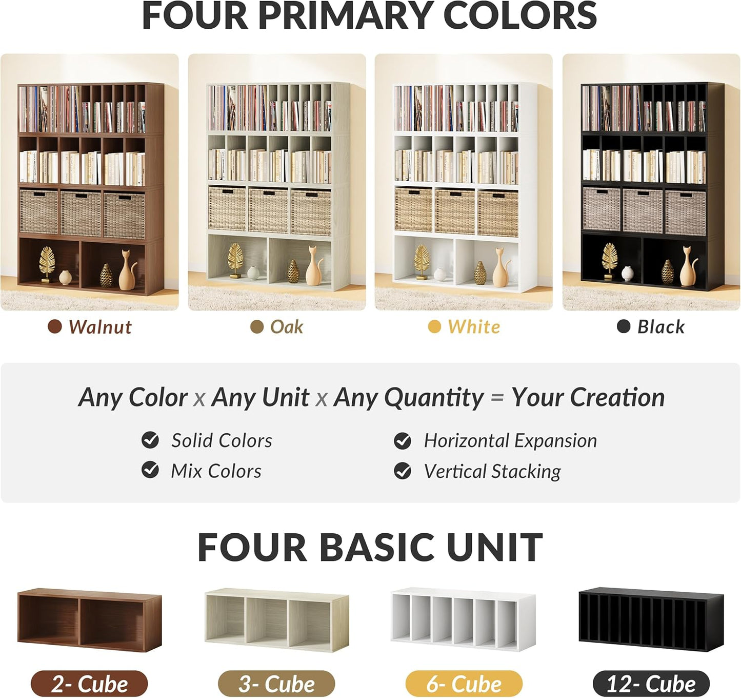 IOTXY DIY Modular Cube Bookcase - CubeXY Customizable Stackable Expandable Combination Set, 23-Cube Open Bookshelf for Books, Fabric Storage Bin, and Vinyl Record Organizer, Black