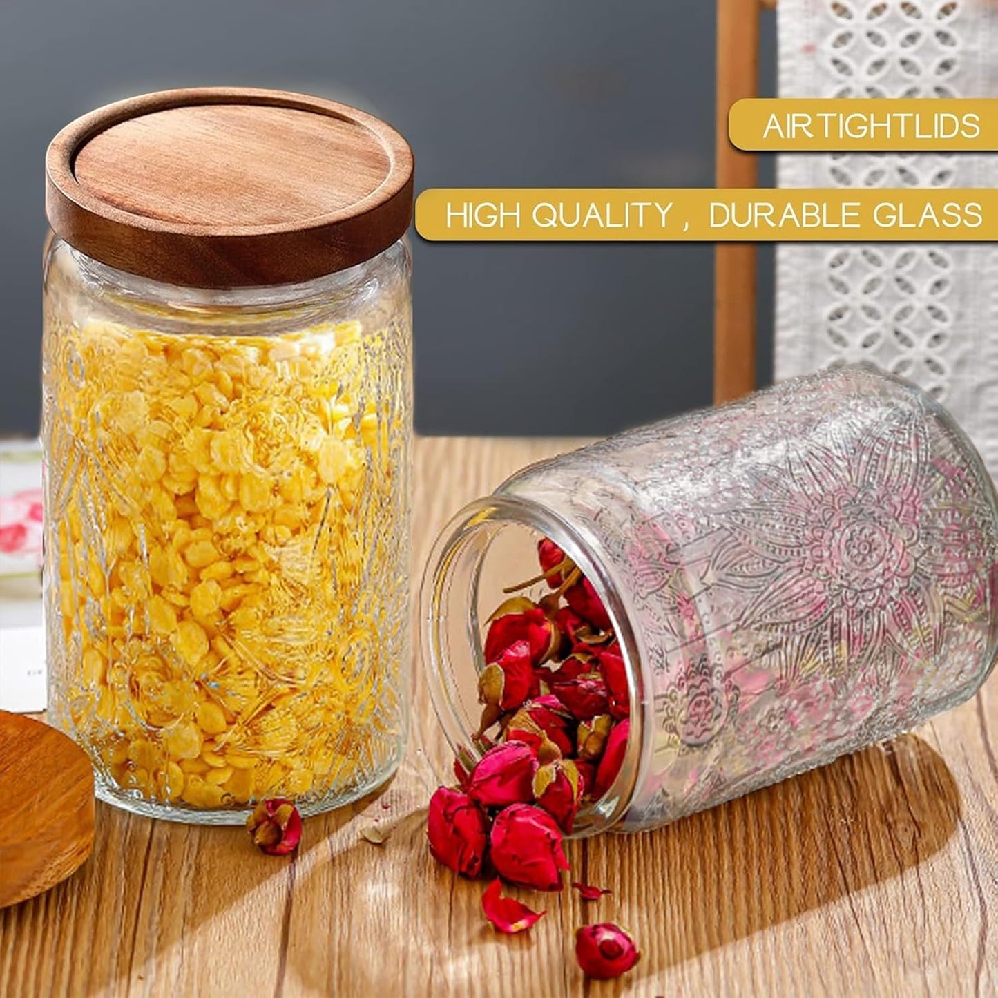 34 OZ Airtight Glass Storage Jar with Bamboo Lid - Vintage Glass Jar Vintage Food Containers Canisters Set for Kitchen Counter & Pantry - Ideal for Sugar, Flour, Coffee, Tea, Candy, Oats, Cereal