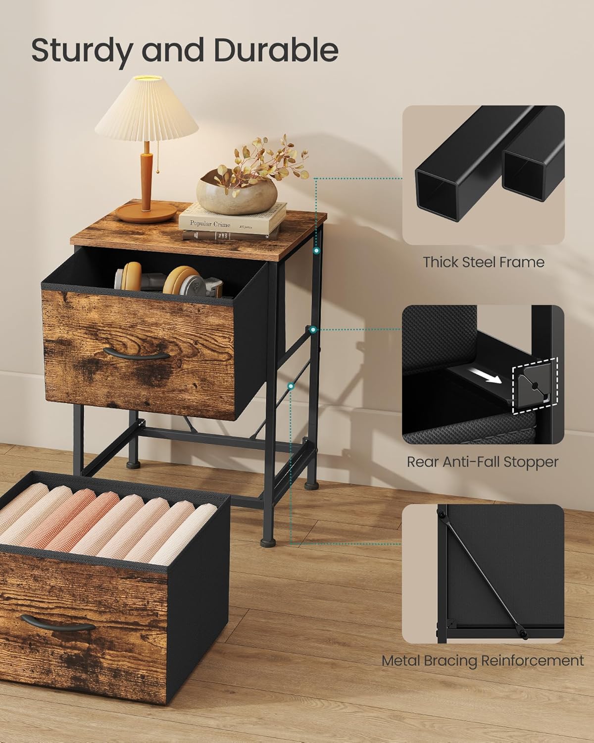 SONGMICS Dresser for Bedroom, Chest of Drawers, Nightstand, Steel, MDF, 2 Non-Woven Fabric Drawers, Storage Organizer Unit, Closet, Entryway, Rustic Brown and Ink Black ULGS312B02S