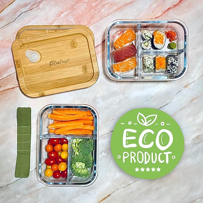 Glass Bento Box Containers with Bamboo Lids, 3 Compartment Glass Meal Prep Containers (3 Pack) - 100% Plastic Free, Eco-Friendly Lunch Container Set, Bamboo Lid Bento Boxes for Adults